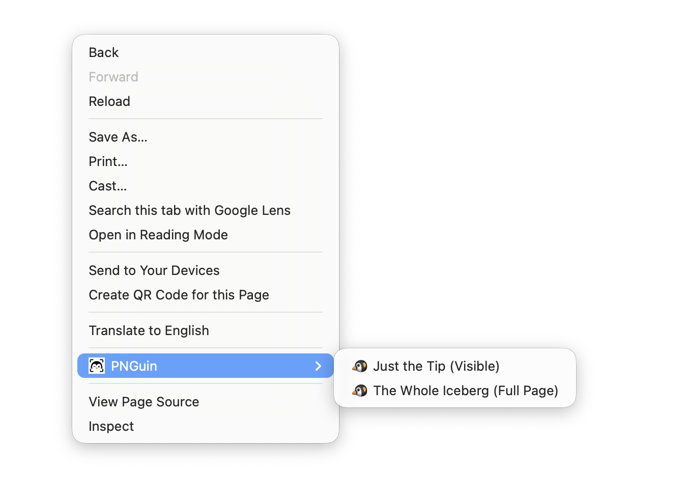 PNGuin in the Chrome right-click menu